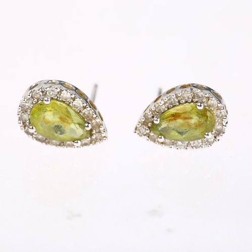 1195 - A pair of 9ct white gold peridot and diamond pear cluster earrings, set with pear-cut peridots and s... 