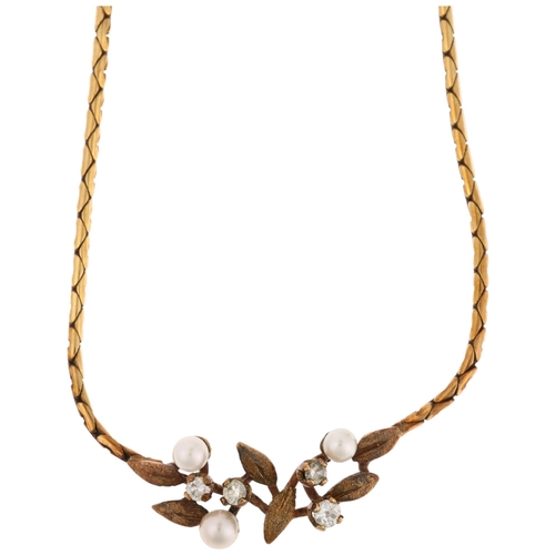 1199 - A 9ct gold pearl and diamond floral collar necklace, 39cm, 7.4g