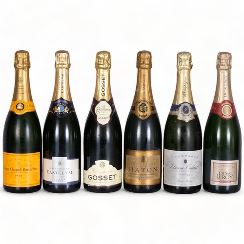 2293 - 6 bottles Champagne. Veuve Clicquot Ponsardin, Brut NV. Duval LeRoy, 1er Cru NV. Castelnau, Reserve ... 