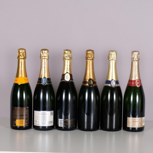 2293 - 6 bottles Champagne. Veuve Clicquot Ponsardin, Brut NV. Duval LeRoy, 1er Cru NV. Castelnau, Reserve ... 