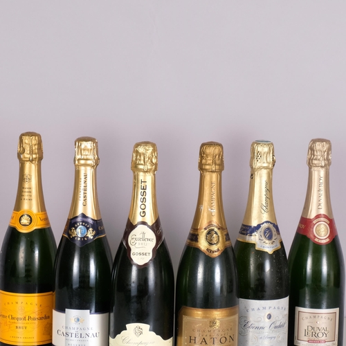 2293 - 6 bottles Champagne. Veuve Clicquot Ponsardin, Brut NV. Duval LeRoy, 1er Cru NV. Castelnau, Reserve ... 