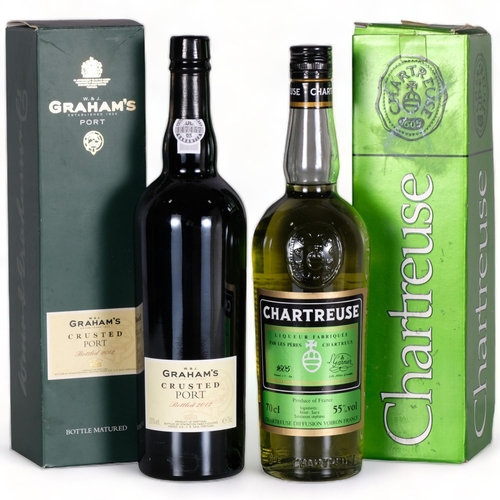 2301 - A bottle of Green Chartreuse 70cl 55%, and a Grahams Crusted Port bottled 2010 750ml, both boxed