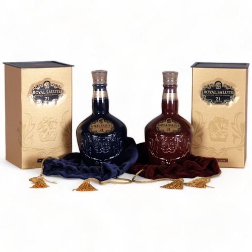 2321 - 2 bottles of Chivas Regal 21 Yr Old Royal Salute Scotch Whisky, Ruby and Sapphire Flagons, in origin... 