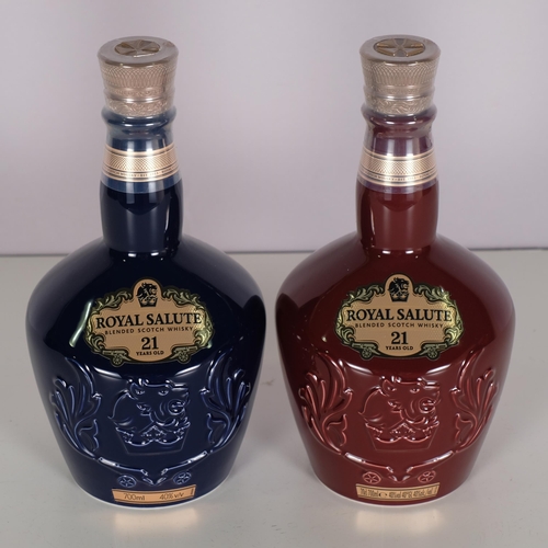 2321 - 2 bottles of Chivas Regal 21 Yr Old Royal Salute Scotch Whisky, Ruby and Sapphire Flagons, in origin... 