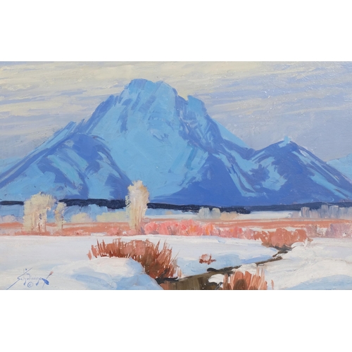 305 - Conrad Schweiring (American, 1916 - 1986), Dusk, Teton Wyoming, oil on board, signed, original label... 