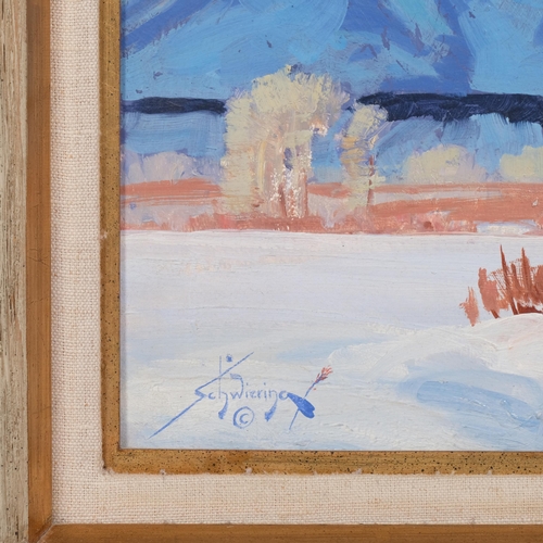 305 - Conrad Schweiring (American, 1916 - 1986), Dusk, Teton Wyoming, oil on board, signed, original label... 