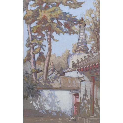 306 - Anna Hotchkis (1885 - 1984), pagoda in temple, Tan Che Ssu (Beijing), watercolour, exhibition label ... 