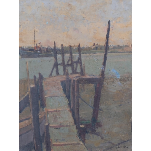 310 - Stevens, The Jetty, mid-20th century oil on board, signed, 46cm x 35cm, framed