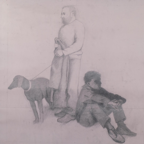 315 - Gerald Jarman (1930 - 2014), Coastal Series, standing man with boy and dog, charcoal on paper, overa... 