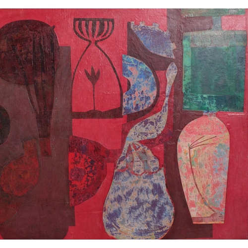 316 - Red abstract composition, mid to late-20th century oil on board, unsigned, Orford Gilding Workshop f... 