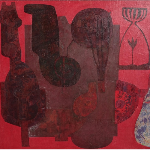 316 - Red abstract composition, mid to late-20th century oil on board, unsigned, Orford Gilding Workshop f... 