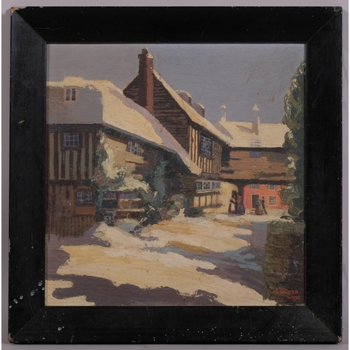 319 - E Collier, winter coaching inn scene, oil on board, signed and dated 1930, 30cm x 30cm, framed