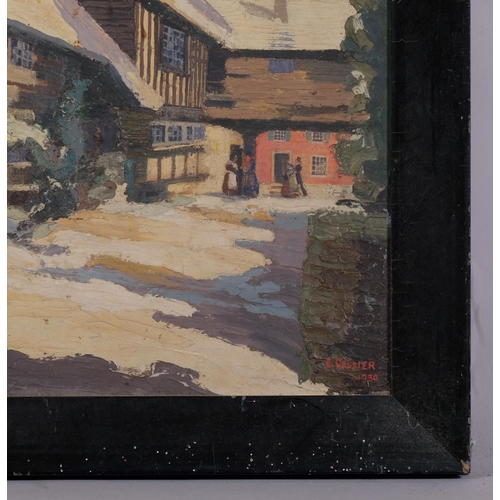 319 - E Collier, winter coaching inn scene, oil on board, signed and dated 1930, 30cm x 30cm, framed