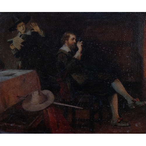 329 - 2 Cavaliers by firelight, 19th century oil on board, indistinctly signed, 24cm x 29cm, framed