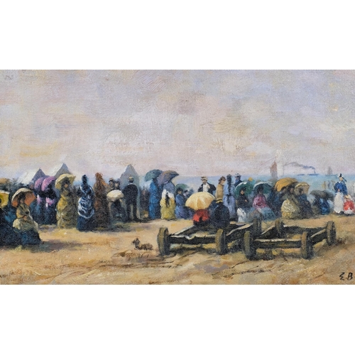 332 - After Eugene Boudin, crowded beach scene, 24cm x 38cm, modern, framed