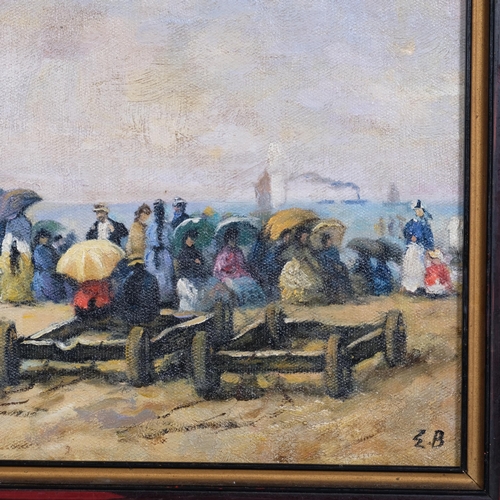 332 - After Eugene Boudin, crowded beach scene, 24cm x 38cm, modern, framed