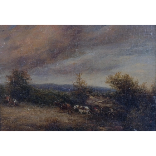 335 - Timber workers in a storm, 18th century oil on wood panel, unsigned, 16cm x 22cm, framed