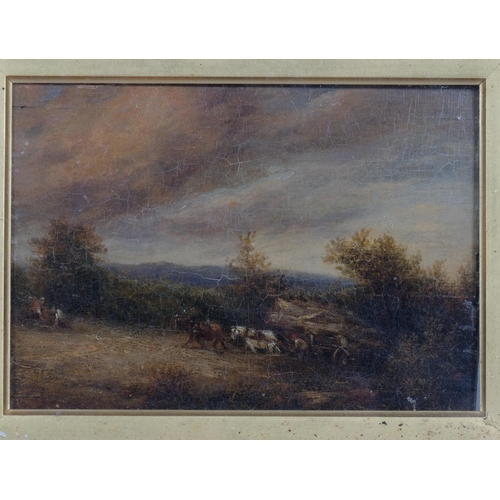 335 - Timber workers in a storm, 18th century oil on wood panel, unsigned, 16cm x 22cm, framed