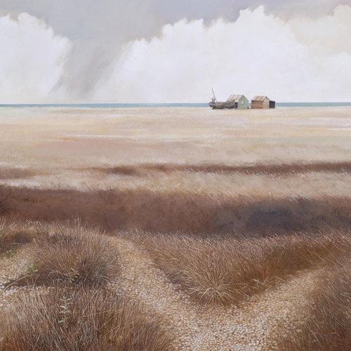 345 - Paul Jackson, Fishermans Shed, Dungeness contemporary  oil on canvas, indistinctly signed front and ... 