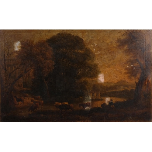 348 - Cattle near Classical ruins, 18th/19th century oil on canvas, 61cm x 99cm, framed, for restoration