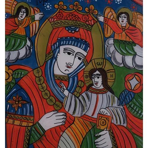 353 - Romanian icon, reverse painting on glass, in hardwood frame, overall frame dimensions 49cm x 43cm