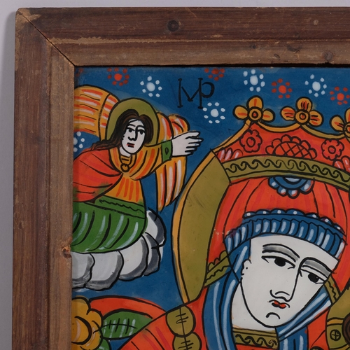 353 - Romanian icon, reverse painting on glass, in hardwood frame, overall frame dimensions 49cm x 43cm