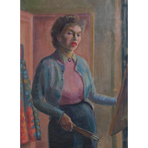 355 - Miss E Browne, self portrait of the artist, oil on canvas, circa 1950s, 66cm x 48cm, framed with exh... 