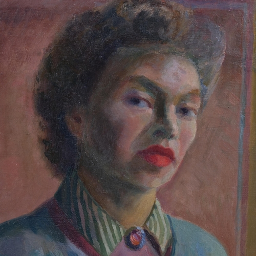 355 - Miss E Browne, self portrait of the artist, oil on canvas, circa 1950s, 66cm x 48cm, framed with exh... 