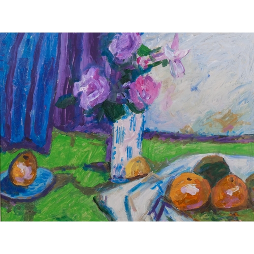 359 - Contemporary still life, oil on board, unsigned, 45cm x 58cm, framed