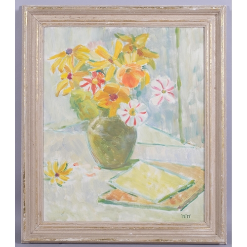 362 - Still life summer flowers, mid-20th century oil on canvas, signed with monogram, 60cm x 50cm, framed