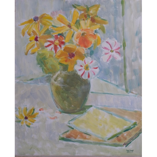 362 - Still life summer flowers, mid-20th century oil on canvas, signed with monogram, 60cm x 50cm, framed