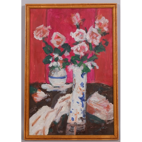 366 - Still life roses, contemporary oil on board, unsigned, 59cm x 39cm, framed