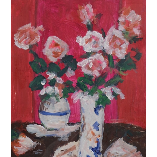 366 - Still life roses, contemporary oil on board, unsigned, 59cm x 39cm, framed