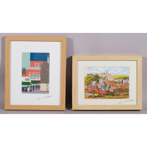 367 - Stan Rosenthal, Hastings Old Town scenes, 2 colour prints, signed ink, image 12cm x 17cm, framed