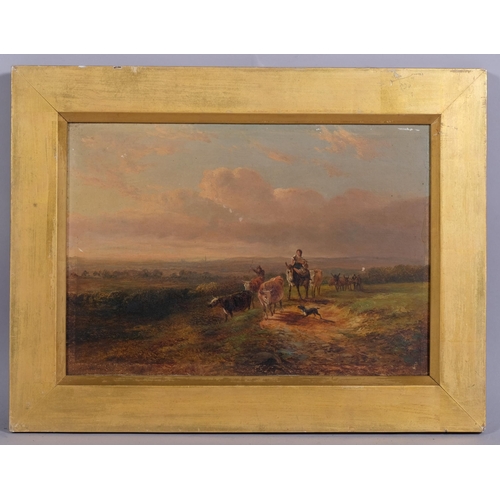 371 - Cattle and drovers on a country path, 19th century oil on canvas, unsigned, 22cm x 32cm, framed