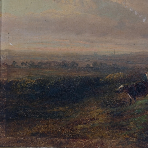 371 - Cattle and drovers on a country path, 19th century oil on canvas, unsigned, 22cm x 32cm, framed