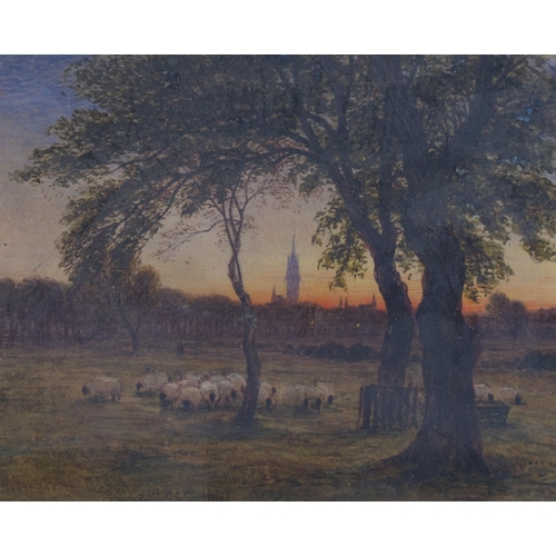 372 - Waller Hugh Paton (1828 - 1895), flock of sheep at sunset, watercolour, signed and dated 1871, 17cm ... 