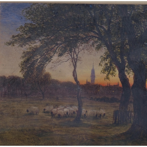 372 - Waller Hugh Paton (1828 - 1895), flock of sheep at sunset, watercolour, signed and dated 1871, 17cm ... 