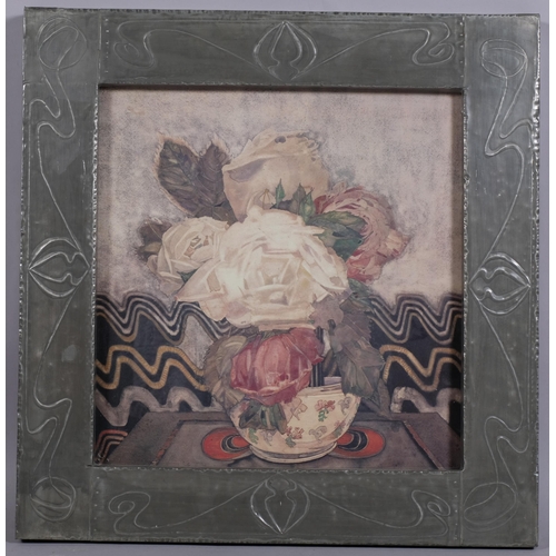 375 - After Charles Rennie Macintosh, white roses, colour print, in embossed pewter frame, overall frame d... 