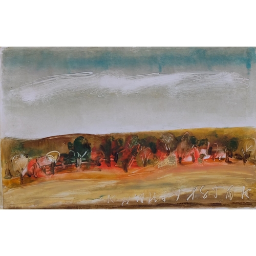 376 - Cornelius Petrescu, a contemporary abstract landscape, 1988, acrylic on card, signed, image 19cm x 2... 