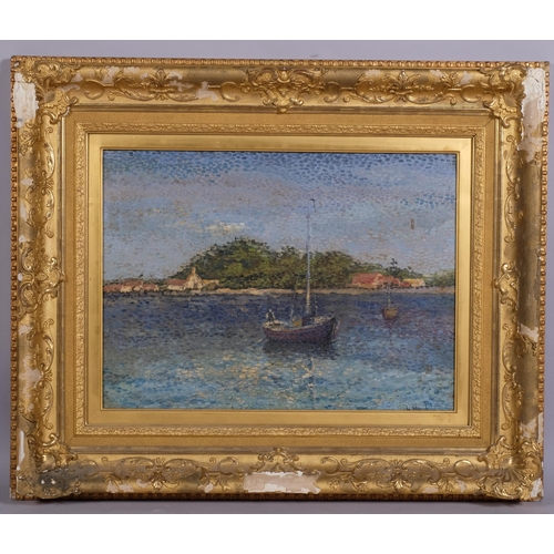 378 - Louis Hayet (1864 - 1940), moored sailing boat, pointilist oil on canvas, signed with indistinct dat... 