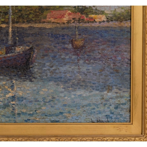 378 - Louis Hayet (1864 - 1940), moored sailing boat, pointilist oil on canvas, signed with indistinct dat... 