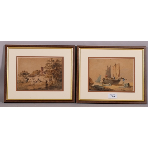 380 - * WITHDRAWN* - Beached fishing boat, 19th century watercolour, unsigned, 14cm x 19cm, and similar ru... 