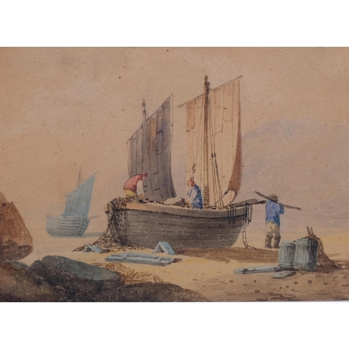 380 - * WITHDRAWN* - Beached fishing boat, 19th century watercolour, unsigned, 14cm x 19cm, and similar ru... 