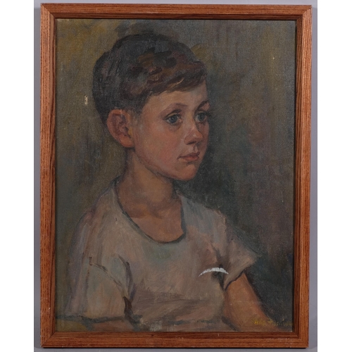 383 - Mid-20th century portrait of a boy, oil on canvas, indistinctly signed, 46cm x 36cm, framed