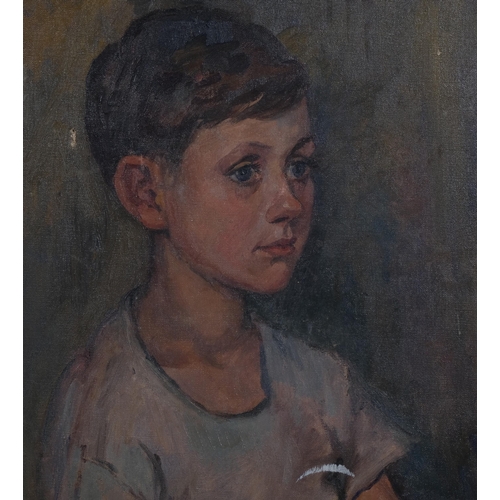 383 - Mid-20th century portrait of a boy, oil on canvas, indistinctly signed, 46cm x 36cm, framed