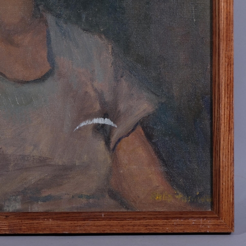 383 - Mid-20th century portrait of a boy, oil on canvas, indistinctly signed, 46cm x 36cm, framed