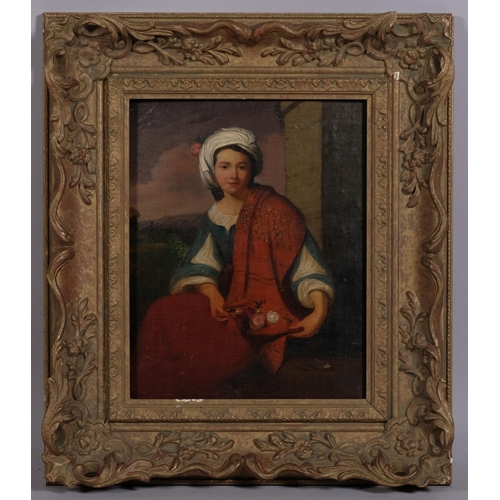 384 - 19th century portrait of a flower seller, oil on wood panel, unsigned, 29cm x 23cm, framed