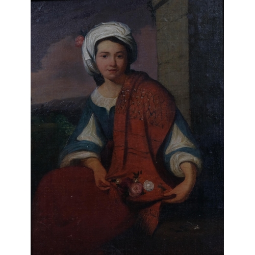 384 - 19th century portrait of a flower seller, oil on wood panel, unsigned, 29cm x 23cm, framed