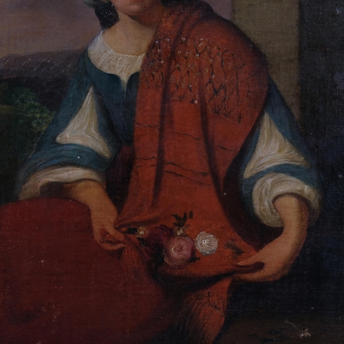 384 - 19th century portrait of a flower seller, oil on wood panel, unsigned, 29cm x 23cm, framed